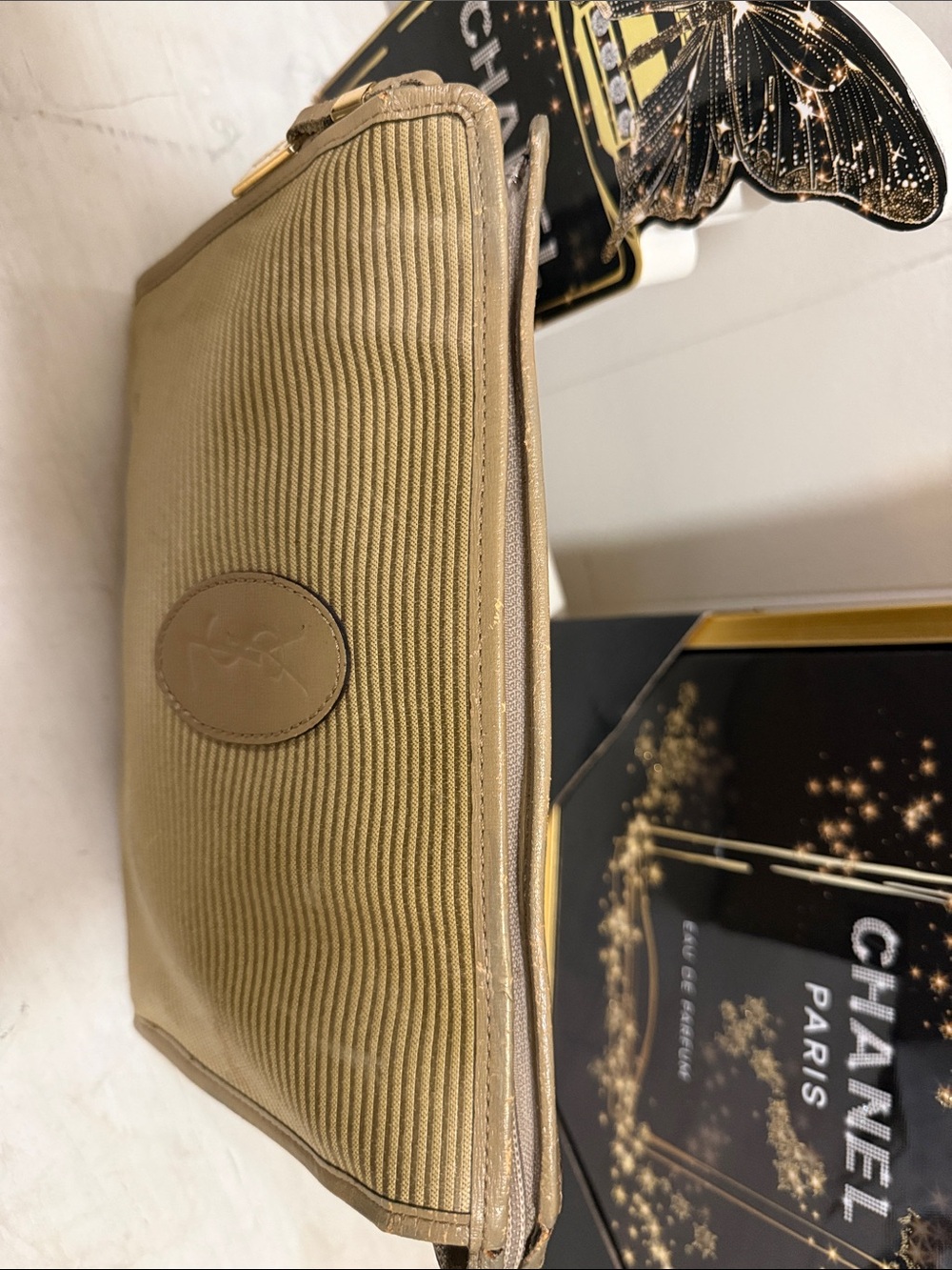 Yves Saint Laurent Gold Textured Toiletry Bag with YSL Oval Medallion - Picture 6 of 16